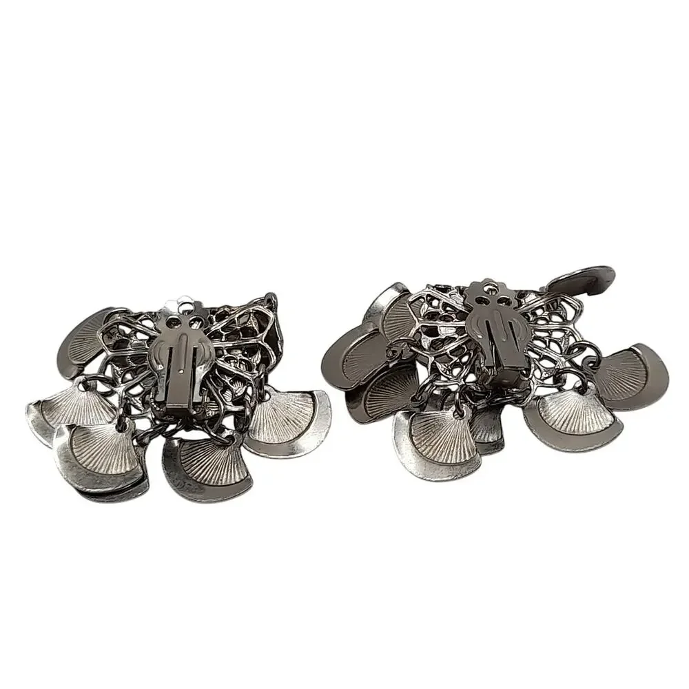 Vintage 1960s Fan Shaped Dangling Clip Earrings, Silver Tone Filigree, 1 1/4 In.
